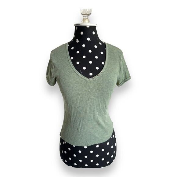 Converse One Star Womens Cropped Top Sz M Heather Green Ribbed Knit V-Neck Tee - Picture 1 of 7